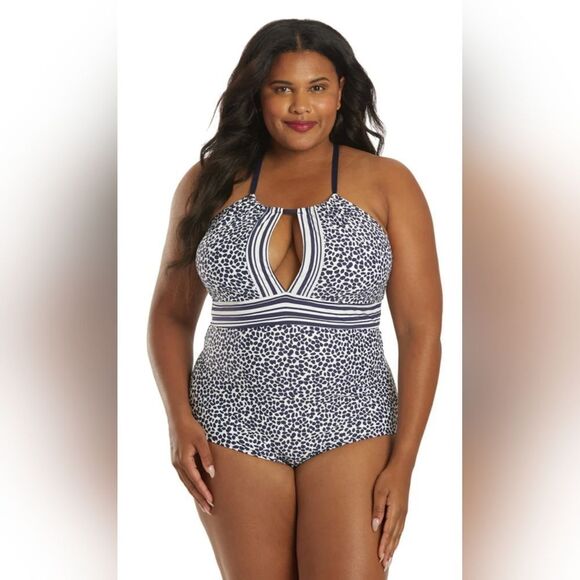 La Blanca Linea Costa One Shoulder One Piece Swimsuit NWOT size 22W blue & white - Picture 1 of 4